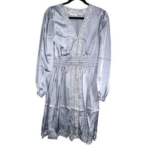 Lovestitch Womens Long Sleeve Embroidered Lace Trim Dress Light blue Polyester S